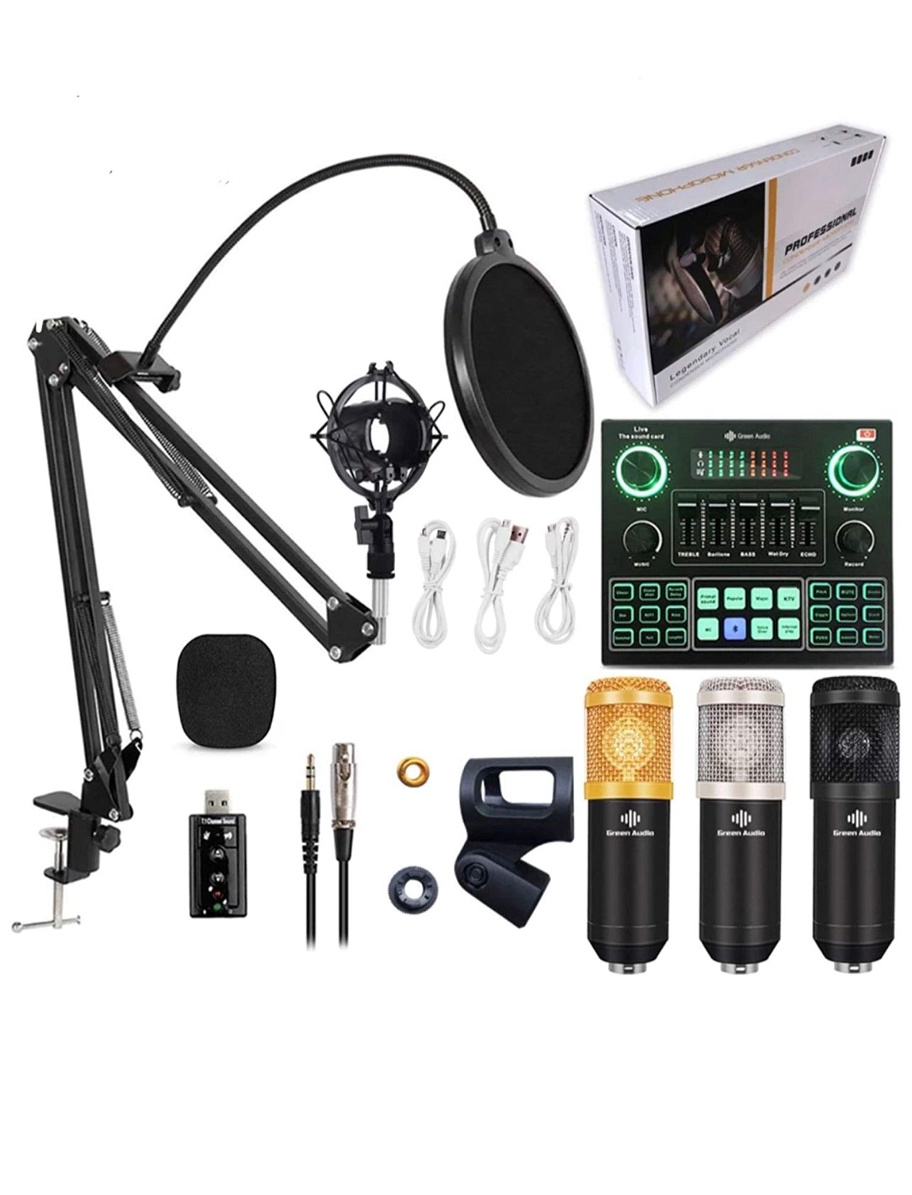 Microphone BM800 + Carte Son Audio V8 + Écouteur + Phantom + XLR cable