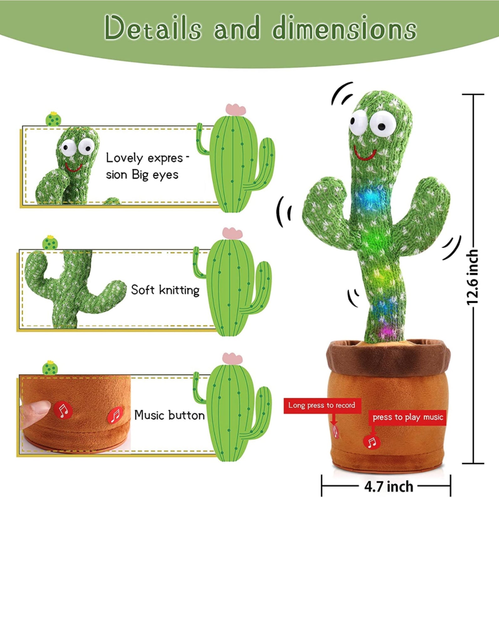 Dancing Cactus Toy Repeat What You Say USB Charging , Singing and Reco –  California Express Mall